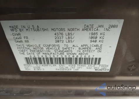 2009 Mitsubishi Galant Es/Sport Edition из США, поврежденный, VIN 4A3AB36F39E002687